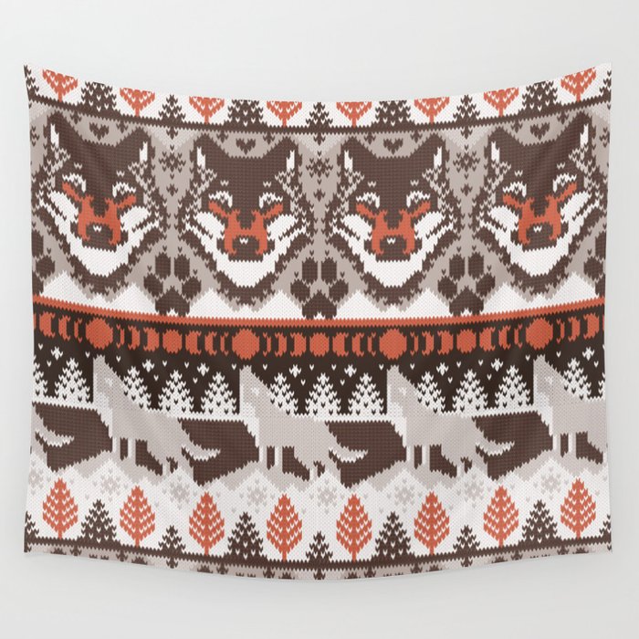 Fair isle knitting grey wolf // oak and taupe brown wolves orange moons and pine trees Wall Tapestry