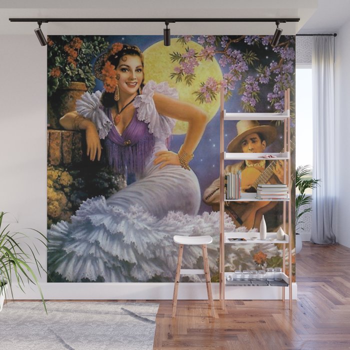 Love Under a Yellow Moon with Guitar & Flamenco Sevillana dress portrait painting Wall Mural