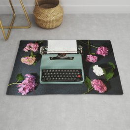 Vintage typewriter with hydrangea flowers Rug | Hydrangea, Photo, Flora, Page, Romantic, Bouquet, Flower, Letter, Table, Decoration 