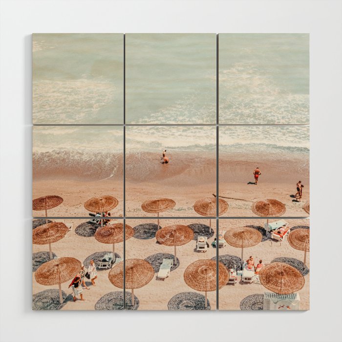 Aerial Beach Umbrellas Art Print, Sea Summer Vibes Print, Portugal Beach, People Summer Holiday Wood Wall Art