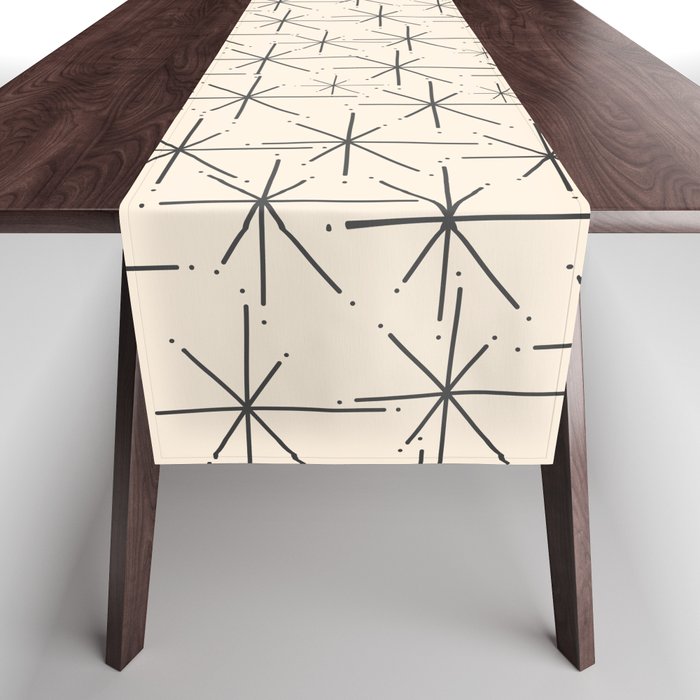 Stella - Atomic Age Mid Century Modern Starburst Pattern in Charcoal Gray and Almond Cream Table Runner