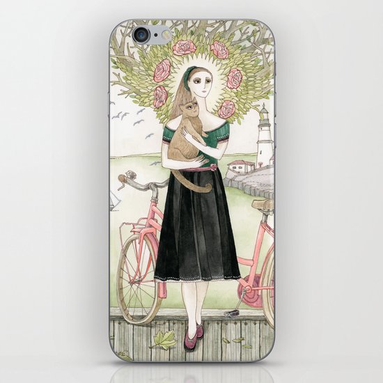 Girl and cat with pink bicycle iPhone & iPod Skin