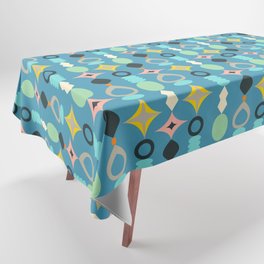 SUNCATCHERS MID-CENTURY MODERN ABSTRACT PATTERN in RETRO MULTI-COLOURS WITH BLACK ON BLUE Tablecloth