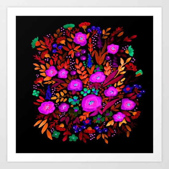 Watercolor colorful flower pattern on a black background . Art Print