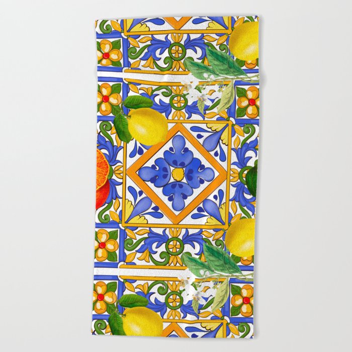 Summer ,Sicilian tiles ,citrus,oranges,majolica,lemons ,Mediterranean  Beach Towel