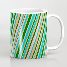 [ Thumbnail: Light Pink, Dark Turquoise, Brown & Dark Green Colored Lines Pattern Coffee Mug ]