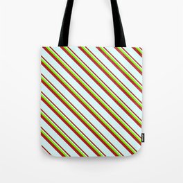 [ Thumbnail: Chartreuse, Red & Light Cyan Colored Lined/Striped Pattern Tote Bag ]
