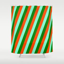 [ Thumbnail: Red, Aquamarine & Green Colored Lined/Striped Pattern Shower Curtain ]