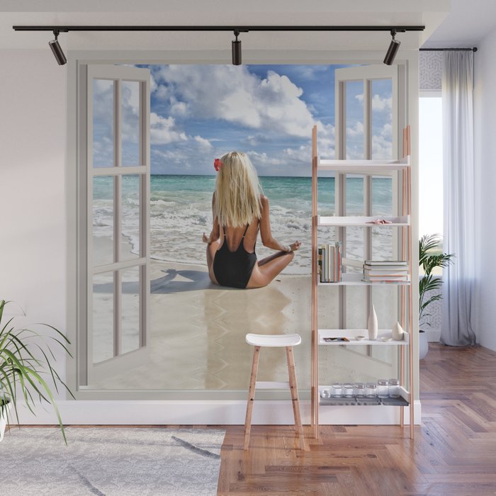 Blonde Hair On The Beach Open Window Art Wall Mural By Carlitov