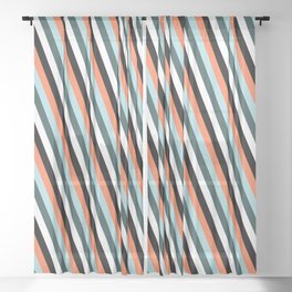 [ Thumbnail: Coral, Powder Blue, Dark Slate Gray, White, and Black Colored Stripes Pattern Sheer Curtain ]