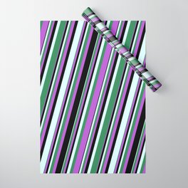 [ Thumbnail: Orchid, Black, Light Cyan, and Sea Green Colored Lined/Striped Pattern Wrapping Paper ]