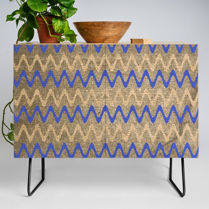Blue and Tan Zigzag Stripes on Grungy Brown Burlap Graphic Design Credenza