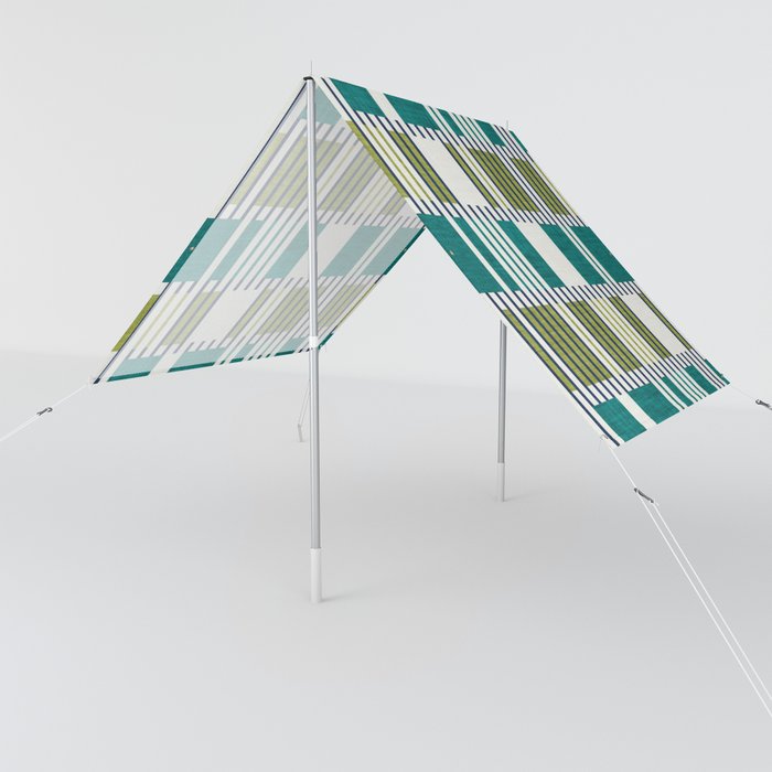 Bold minimalist retro stripes // midnight blue olive and pine green geometric grid  Sun Shade