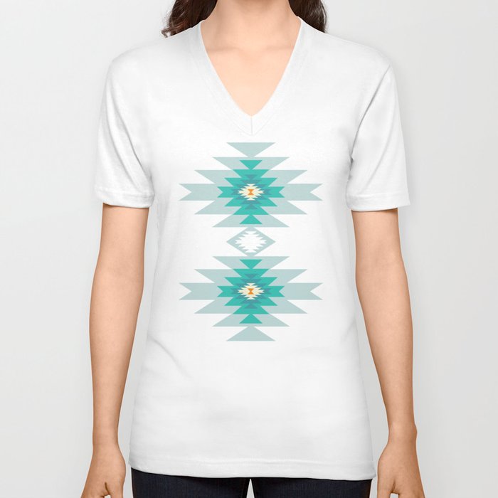 Southwest Teal Abstract Geometric Tribal Indian Pattern V Neck T Shirt