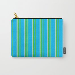 [ Thumbnail: Deep Sky Blue, Lime Green, and Powder Blue Colored Striped Pattern Carry-All Pouch ]