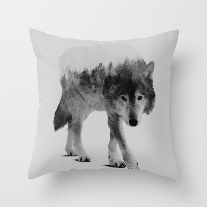 Wolf In The Woods (black & white version) Throw Pillow