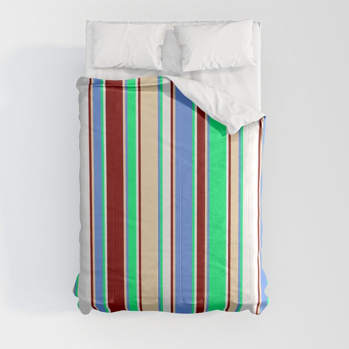 Vibrant Green, Cornflower Blue, Tan, Maroon, and White Colored Lines Pattern Comforter