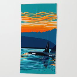 Orca into the Fire Sky Beach Towel