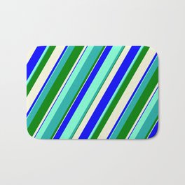[ Thumbnail: Vibrant Aquamarine, Light Sea Green, Green, Beige, and Blue Colored Lines Pattern Bath Mat ]