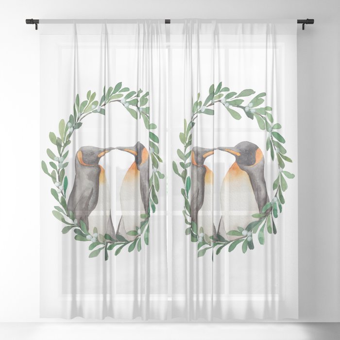 Watercolor Painting Kissing Penguins in Mistletoe Wreath for Valentine's Day, Christmas Sheer Curtain