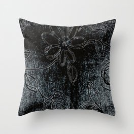 Black grey abstract flowers vintage velvet look design Throw Pillow