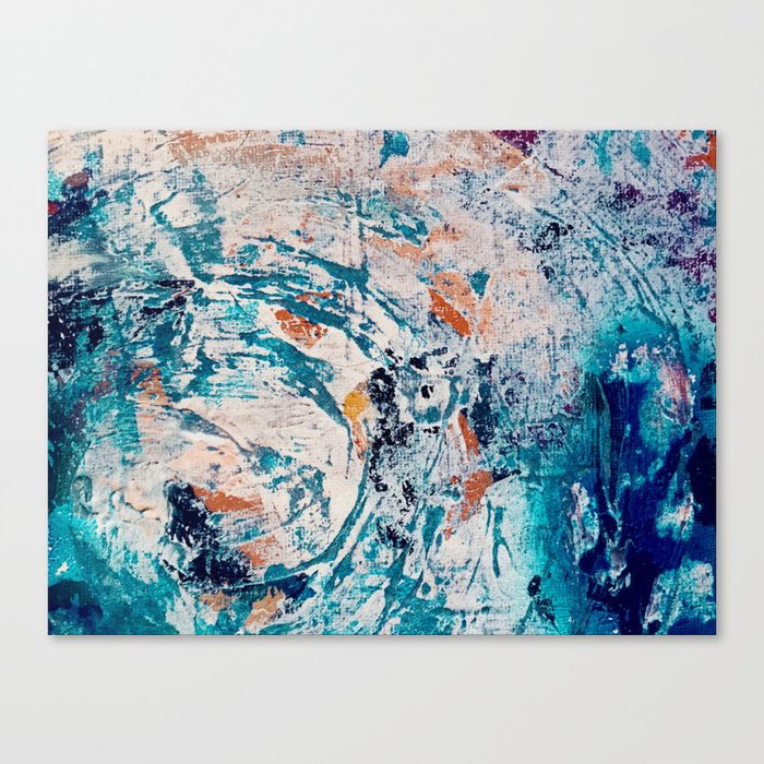 Reflections: a bold and interesting abstract mixed media piece in blues, yellows, orange, and white Canvas Print