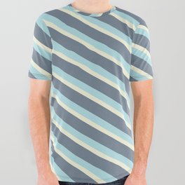 [ Thumbnail: Powder Blue, Beige & Slate Gray Colored Stripes/Lines Pattern All Over Graphic Tee ]