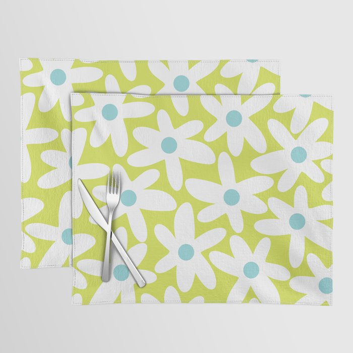 Daisy Time Cute Retro Floral Pattern Chartreuse Lime Green Blue White Placemat