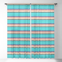 [ Thumbnail: Vibrant Dark Turquoise, Midnight Blue, Dark Salmon, Tan, and Black Colored Lines/Stripes Pattern Sheer Curtain ]