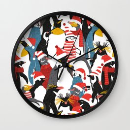 Merry penguins // black white grey dark teal yellow and coral type species of penguins red dressed for winter and Christmas season (King, African, Emperor, Gentoo, Galápagos, Macaroni, Adèlie, Rockhopper, Yellow-eyed, Chinstrap) Wall Clock