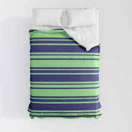[ Thumbnail: Midnight Blue and Light Green Colored Striped/Lined Pattern Comforter ]