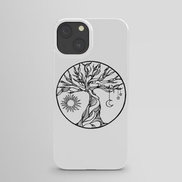 black and white tree of life with hanging sun, moon and stars I iPhone Case