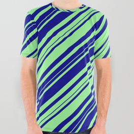 [ Thumbnail: Dark Blue and Green Colored Lines/Stripes Pattern All Over Graphic Tee ]