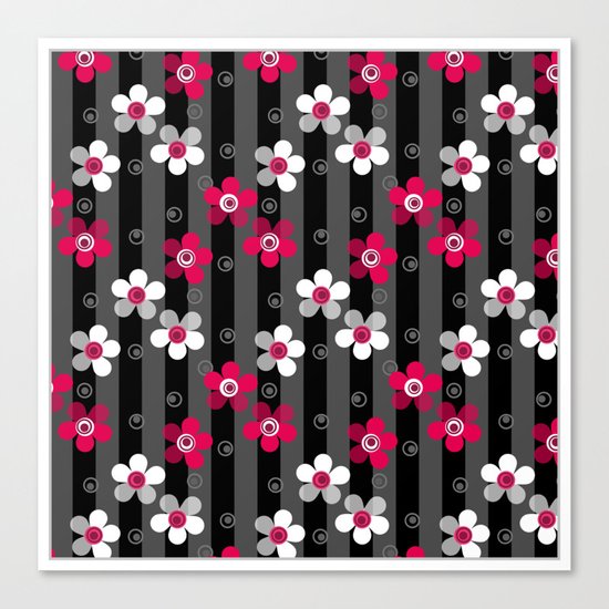 Crimson and white flowers on a black striped background Canvas Print
