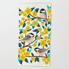 Chickadee birds among the yellow flowers Beach Towel