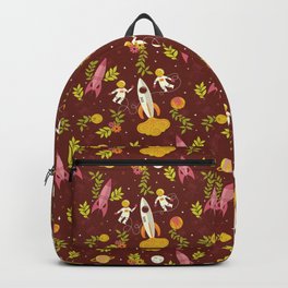 Astronauts in Space with Florals - Maroon Backpack | Outerspace, Flowers, Planet, Flower, Pattern, Spaceship, 60S, Rocketship, Moon, Florals 