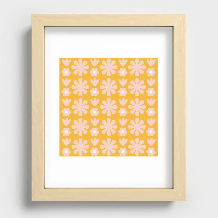 Scandi Floral Grid Retro Flower Pattern in Mustard Yellow, Pale Blush Pink, and Cream Recessed Framed Print