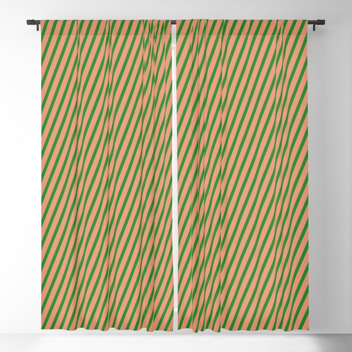 Forest Green and Dark Salmon Colored Striped Pattern Blackout Curtain