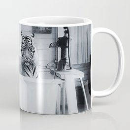 Eye of the Tiger in a vintage claw foot rustic bathtub black and white photograph / photograhy Mug