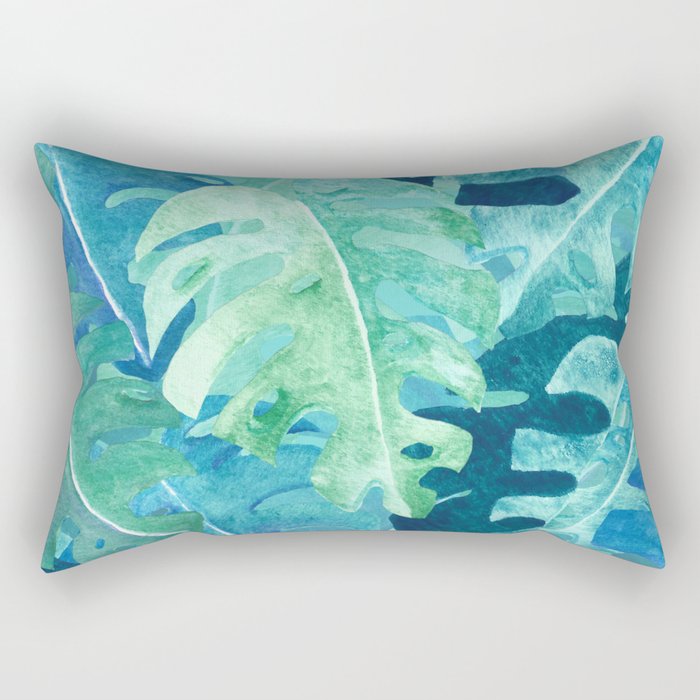Monstera Leaves | Watercolor Collage in Blue Green Rectangular Pillow