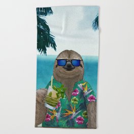 Sloth on summer holidays drinking a mojito Beach Towel