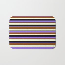 [ Thumbnail: Purple, Brown, Light Yellow & Black Colored Lines/Stripes Pattern Bath Mat ]