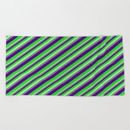 [ Thumbnail: Green, Gray, Indigo, and Lime Green Colored Stripes Pattern Beach Towel ]