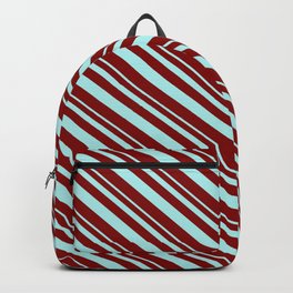 [ Thumbnail: Turquoise & Maroon Colored Striped Pattern Backpack ]