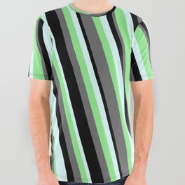 [ Thumbnail: Dim Grey, Black, Light Cyan, and Light Green Colored Striped Pattern All Over Graphic Tee ]