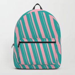 [ Thumbnail: Light Sea Green and Light Pink Colored Striped/Lined Pattern Backpack ]