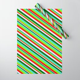 [ Thumbnail: Vibrant Turquoise, Green, Red, Lavender & Dark Green Colored Lined/Striped Pattern Wrapping Paper ]