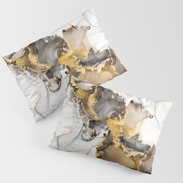 Luxury abstract fluid art painting in alcohol ink technique, mixture of black, gray and gold paints. Imitation of marble stone cut, glowing golden veins. Tender and dreamy design.  Pillow Sham