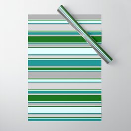 [ Thumbnail: Vibrant Light Cyan, Dark Cyan, Dark Grey, Light Grey, and Dark Green Colored Stripes Pattern Wrapping Paper ]