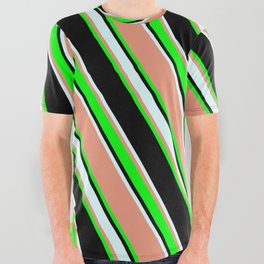 [ Thumbnail: Dark Salmon, Lime, Black & Light Cyan Colored Lines/Stripes Pattern All Over Graphic Tee ]